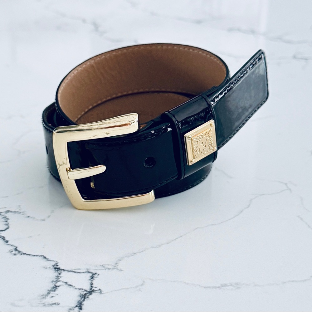 Anne Klein women’s Black Patent Leather Belt with Gold Buckle